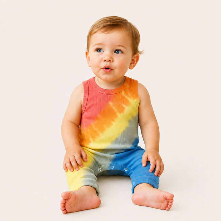 Baby sitting while wearing the PAIGELAUREN Red Rainbow Ribbed Tank Overall
