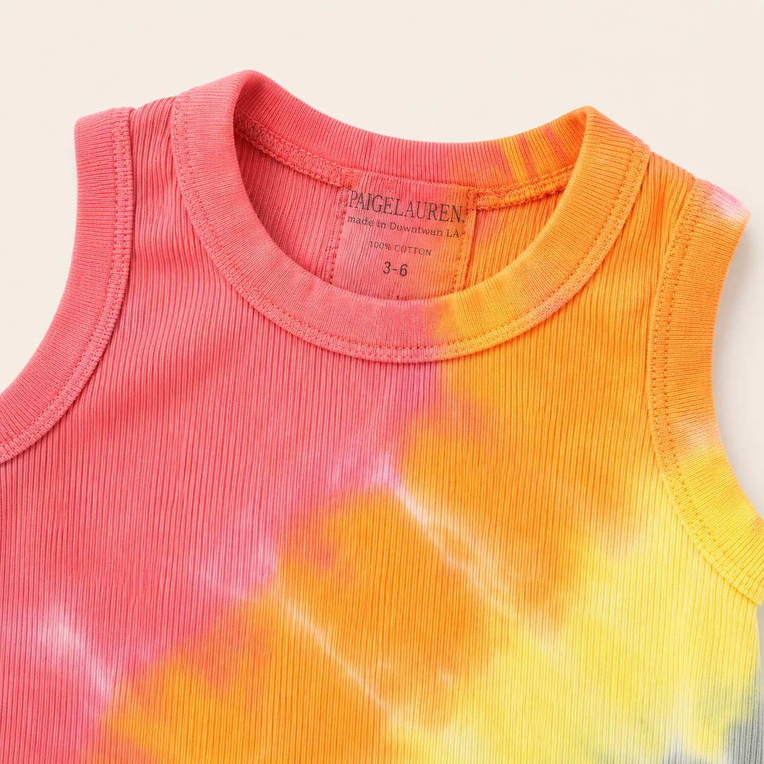 Close-up of the ribbed crew neckline, binding, and hand-dyed rainbow finish on the PAIGELAUREN Red Rainbow Ribbed Tank Overall