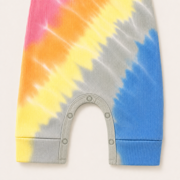 Close-up of the color-matched ring snap closure and reinforced inseam on the PAIGELAUREN Red Rainbow Ribbed Tank Overall