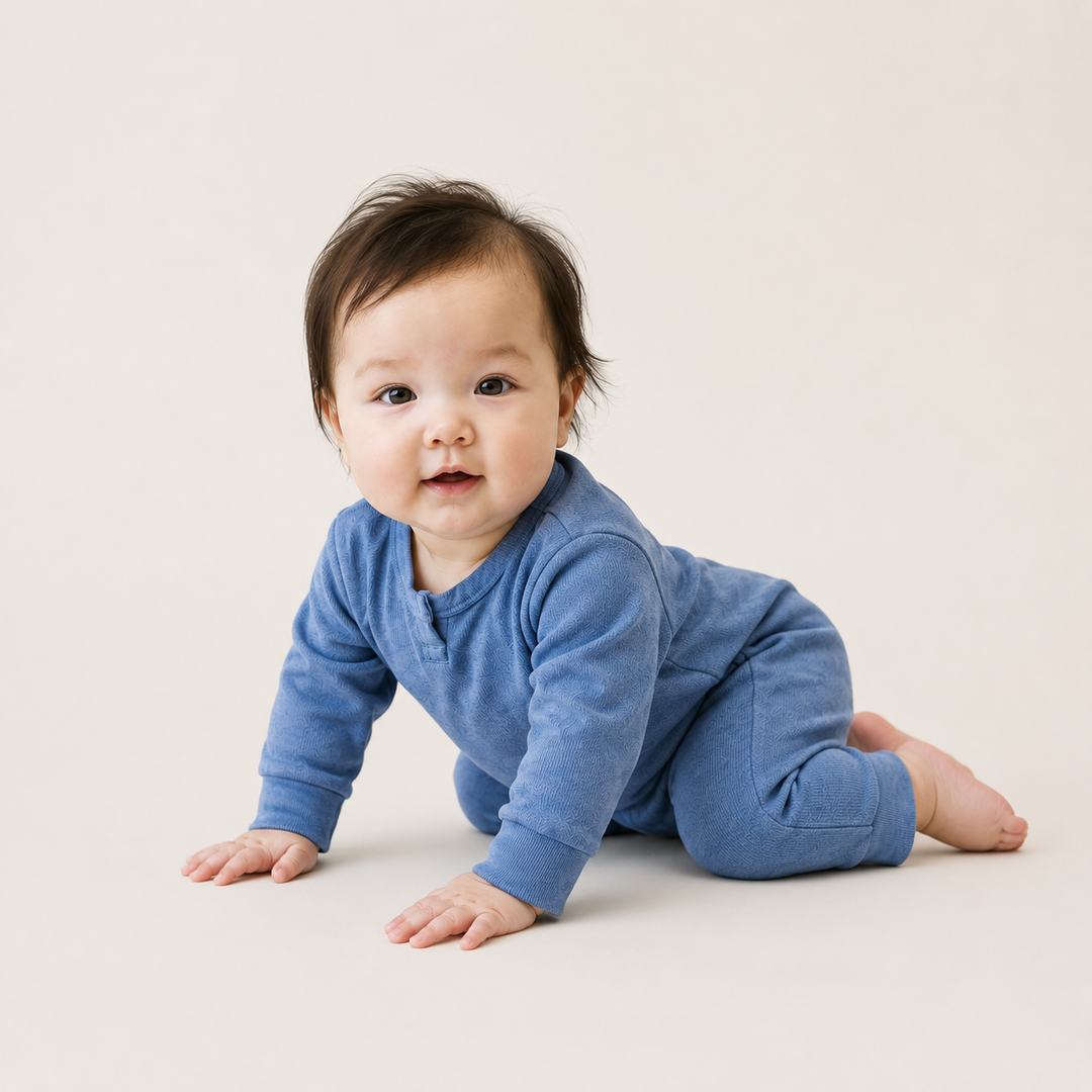 Baby crawling while wearing the PAIGELAUREN Rib Marble Henley Romper in blue marble rib knit