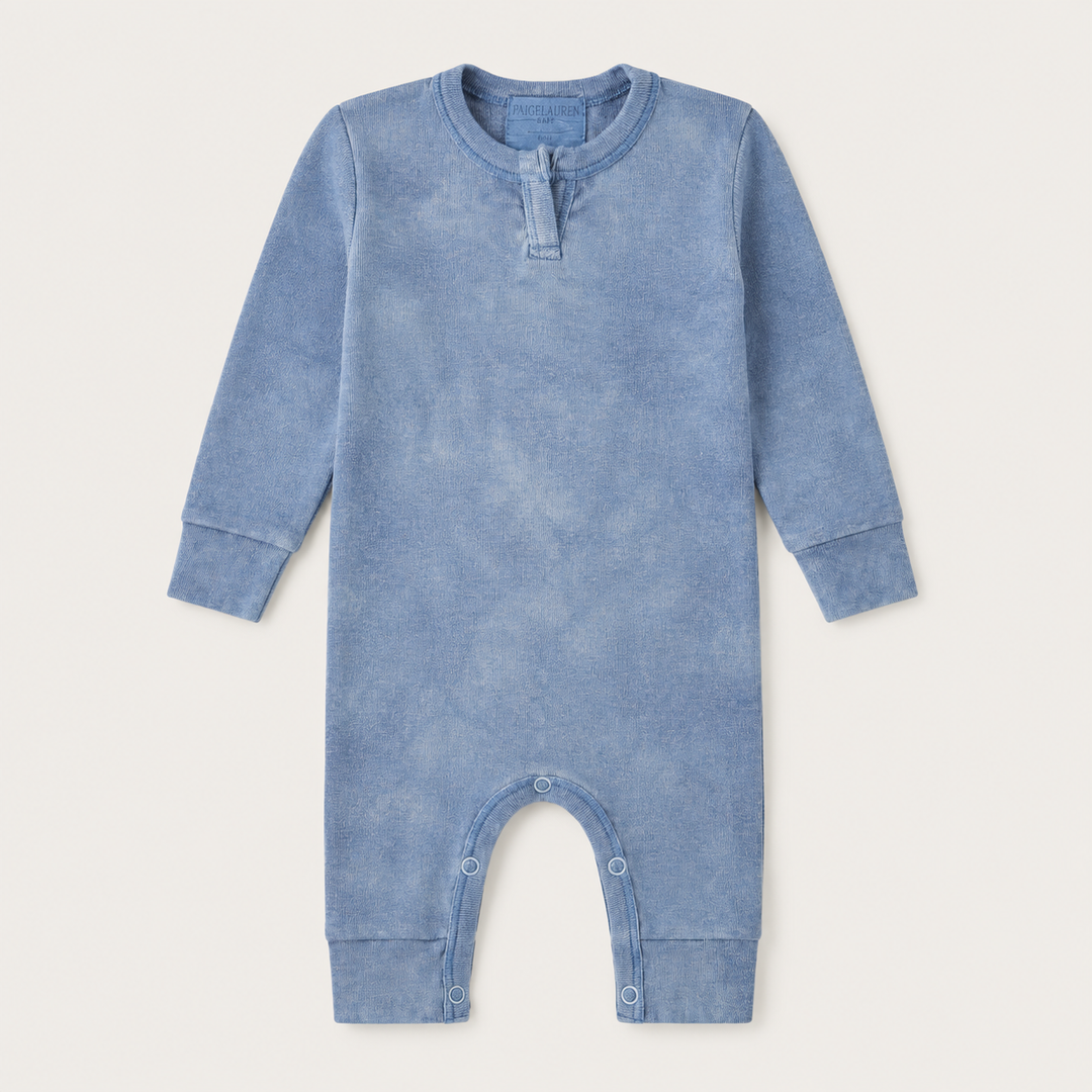 PAIGELAUREN Rib Marble Henley Romper in blue marble wash rib knit, front product image, made in Los Angeles