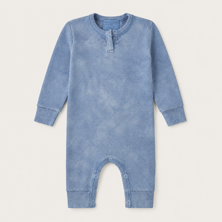 PAIGELAUREN Rib Marble Henley Romper in blue marble wash rib knit, front product image, made in Los Angeles