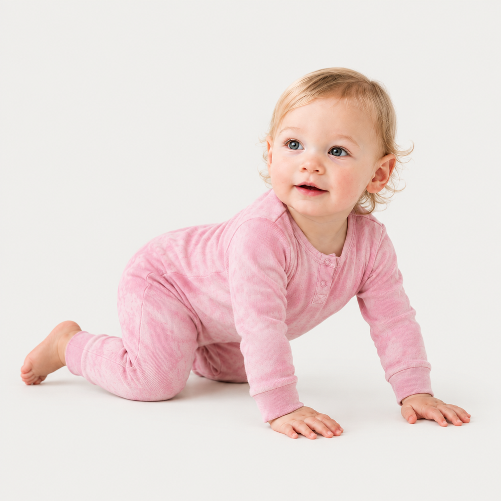 Baby crawling while wearing the PAIGELAUREN Rib Marble Henley Romper in pink marble rib knit