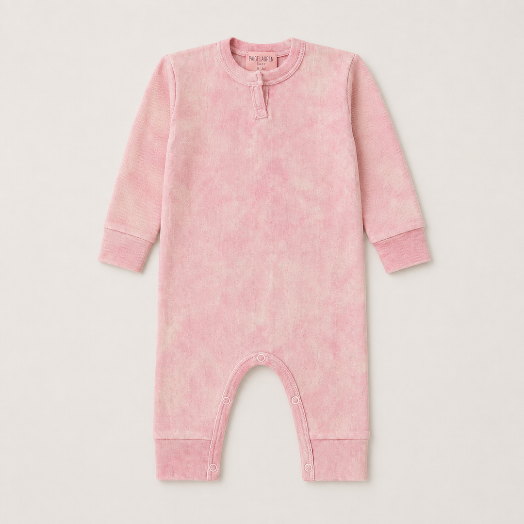 PAIGELAUREN Rib Marble Henley Romper in pink marble wash rib knit, front product image, made in Los Angeles. Pink Marble