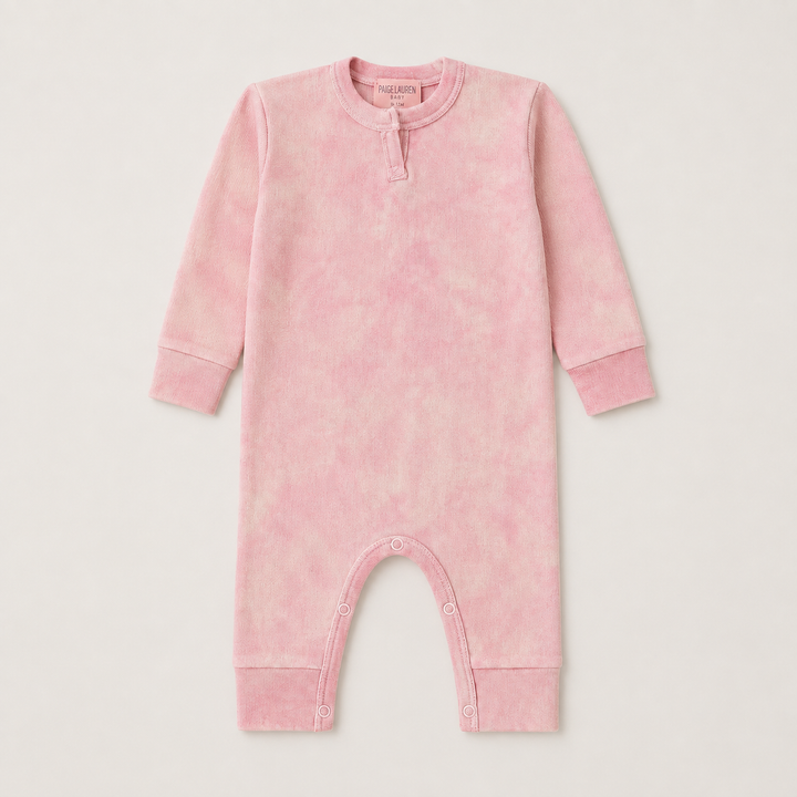 PAIGELAUREN Rib Marble Henley Romper in pink marble wash rib knit, front product image, made in Los Angeles. Pink Marble