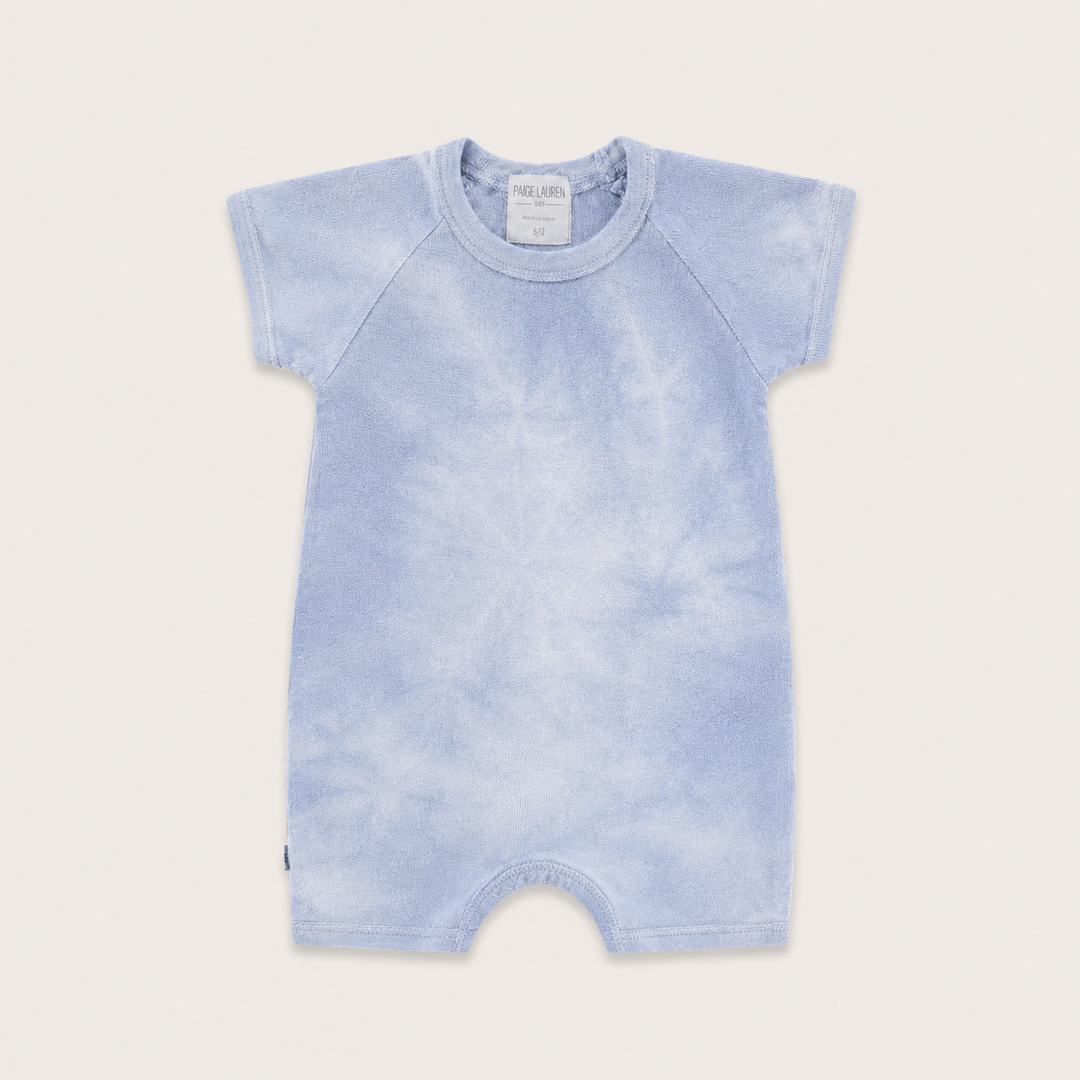 PAIGELAUREN Rib Marble Shortall Onesie in Light Blue Marble baby rib, front product view