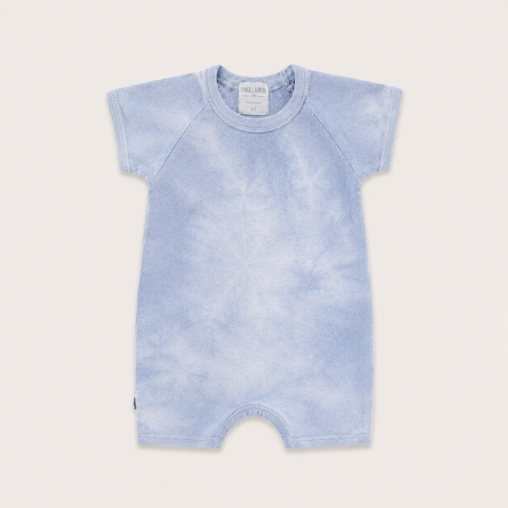 PAIGELAUREN Rib Marble Shortall Onesie in Light Blue Marble baby rib, front product view