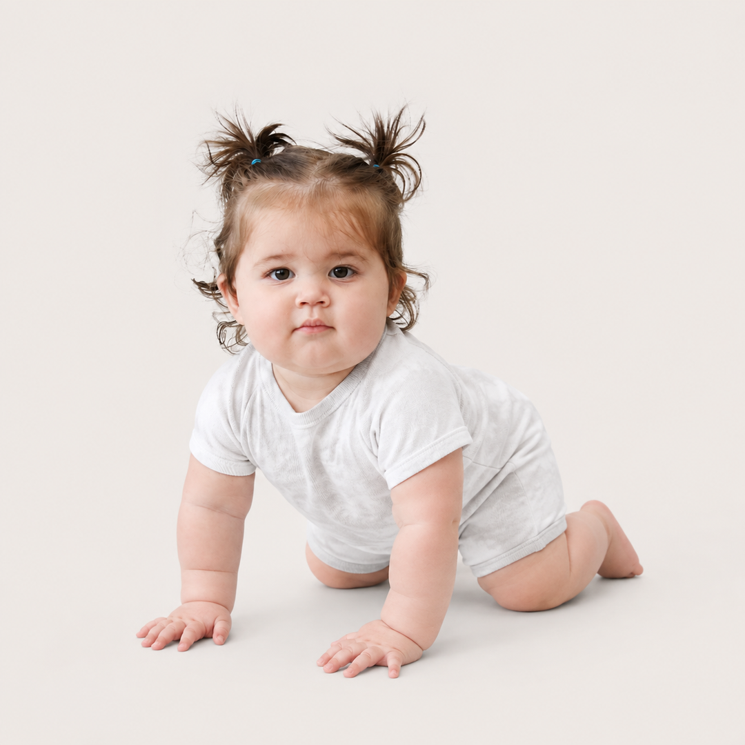 Baby crawling in the PAIGELAUREN Light Gray Marble Rib Shortall Onesie
