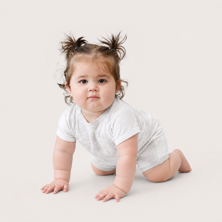 Baby crawling in the PAIGELAUREN Light Gray Marble Rib Shortall Onesie