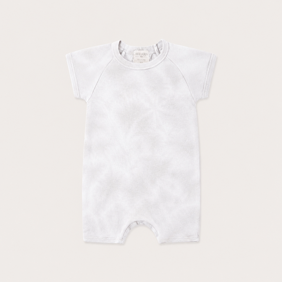 PAIGELAUREN Rib Marble Shortall Onesie in Light Gray Marble baby rib, front product view