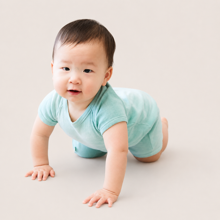Baby crawling in the PAIGELAUREN Light Green Marble Rib Shortall Onesie