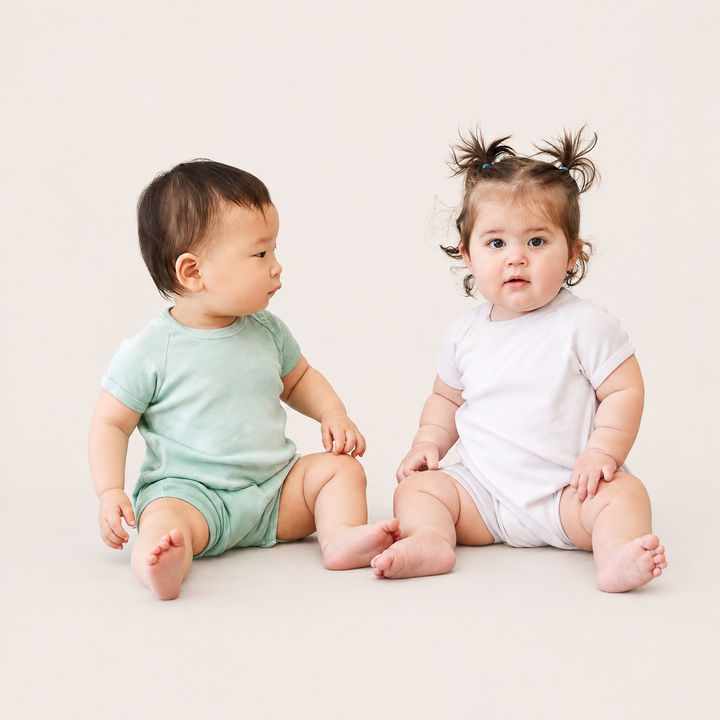 Baby wearing the PAIGELAUREN Rib Marble Shortall Onesie in Light Green Marble