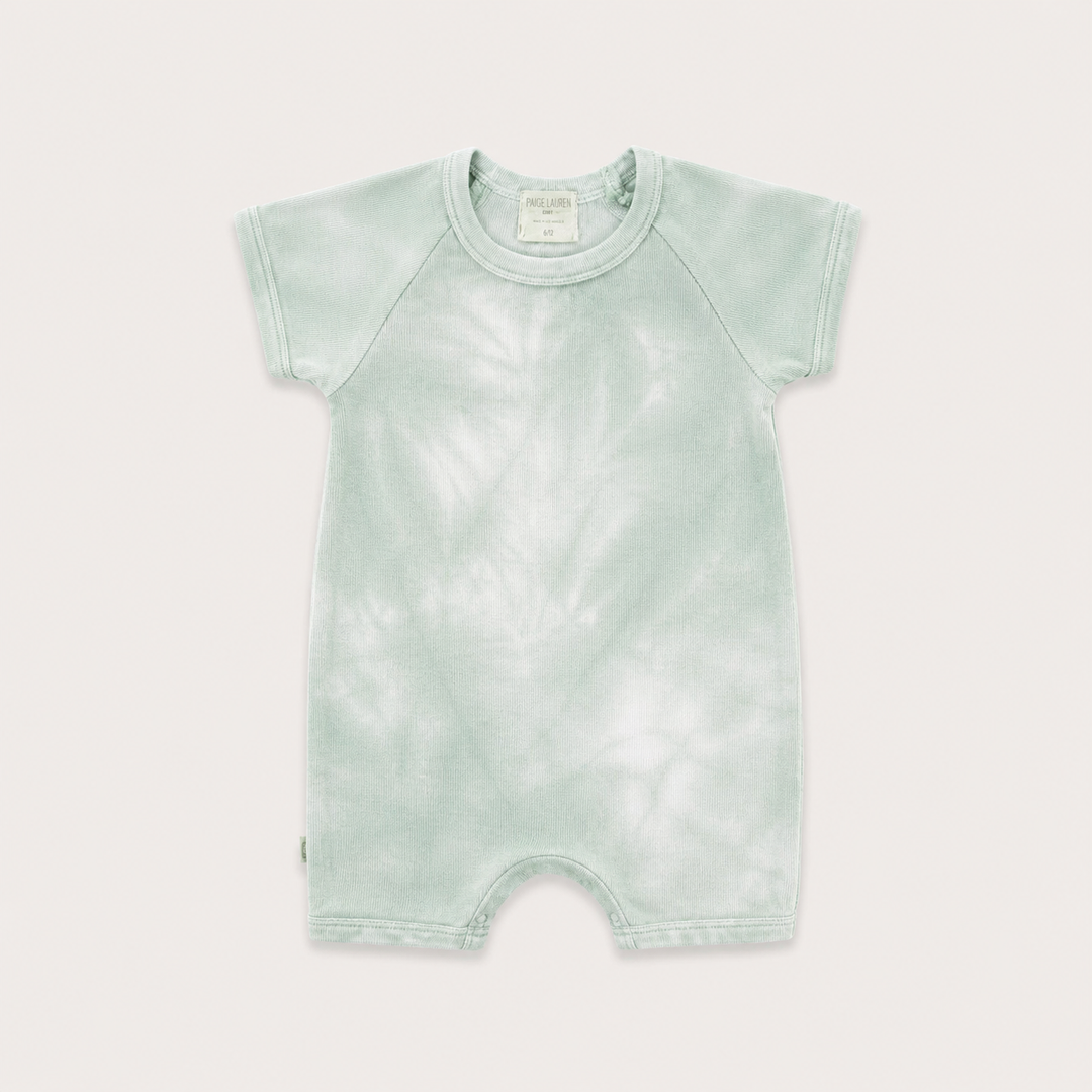PAIGELAUREN Rib Marble Shortall Onesie in Light Green Marble baby rib, front product view