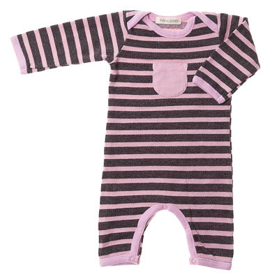 PAIGELAUREN | Baby Fleece Charcoal Stripe L/S Coverall-Desert | Pink