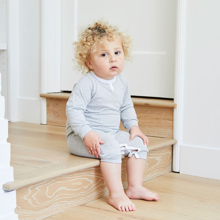 Baby Heathered Jersey Henley Coverall-Peace & Love | HEATHERED GRAY